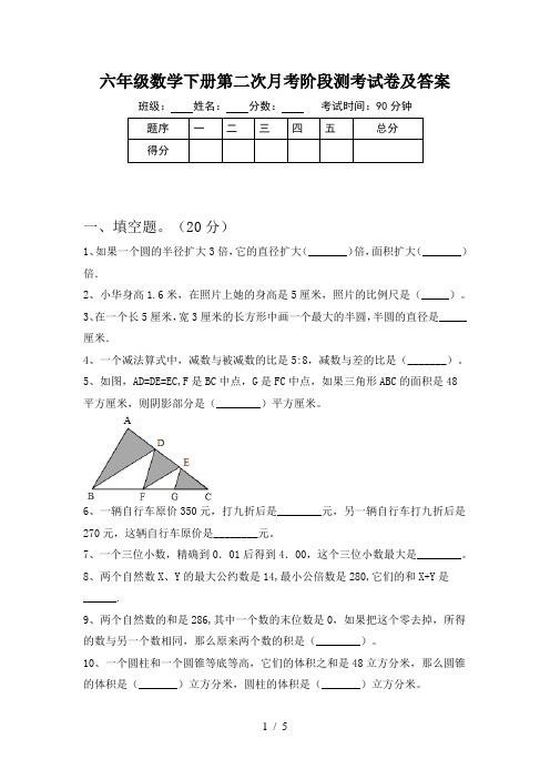 六年级数学下册第二次月考阶段测考试卷及答案