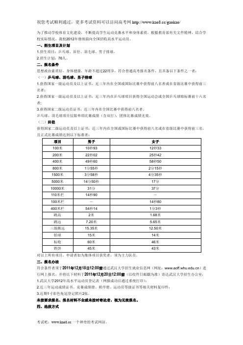 武汉大学2012年高水平运动员招生简章