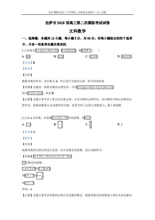 2019届西藏拉萨市高三下学期第二次模拟考试数学(文)试卷(含解析)