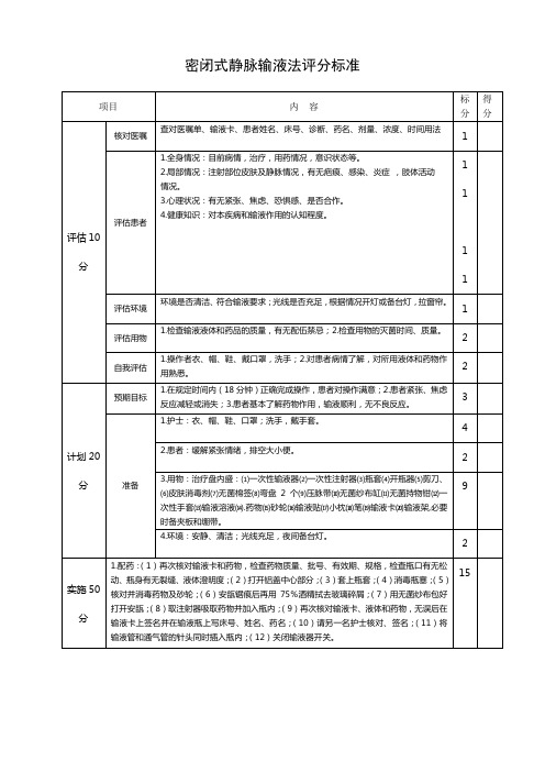 密闭式静脉输液法评分标准