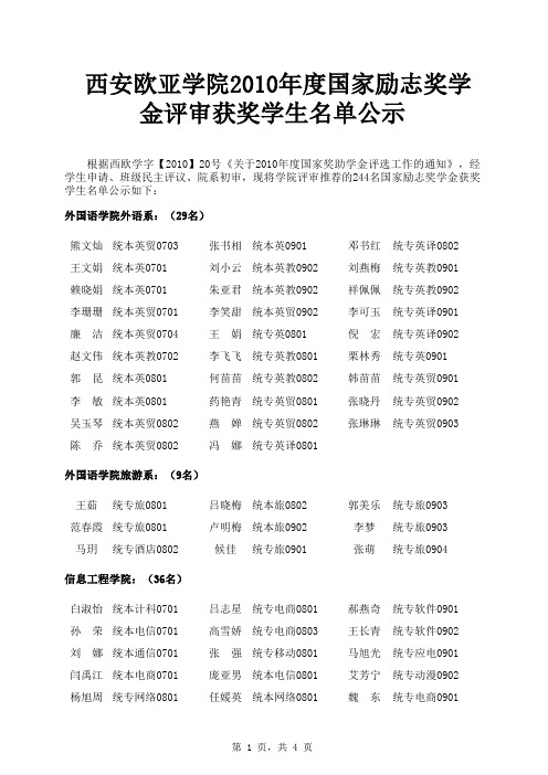 西安欧亚学院2010年度国家励志奖学金评审获奖学生名单公示