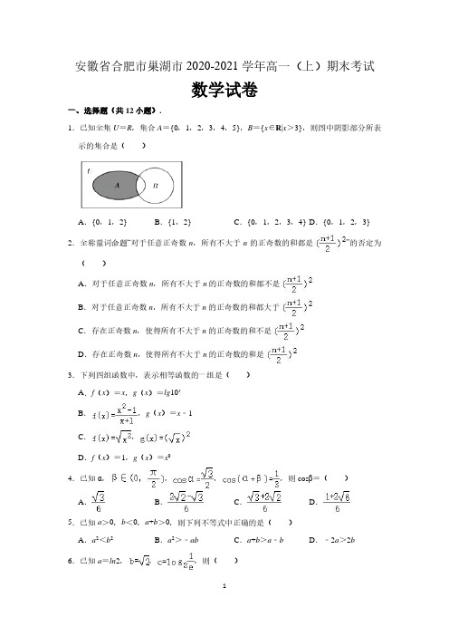 安徽省合肥市巢湖市2020-2021学年高一上学期期末数学试卷 (含解析)