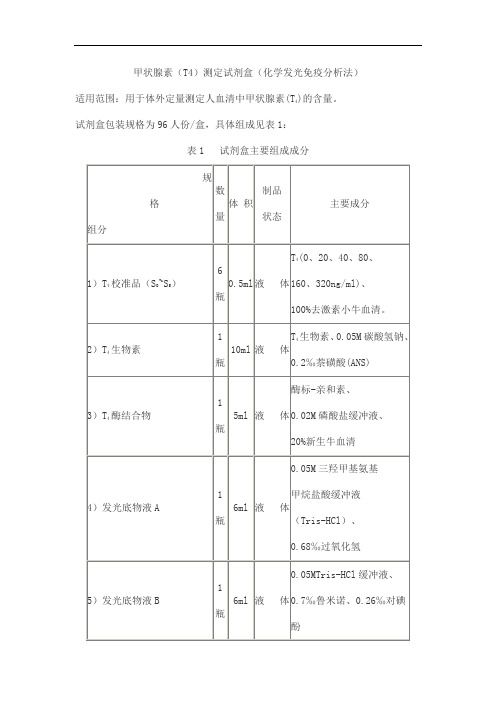 甲状腺素(T4)测定试剂盒(化学发光免疫分析法)产品技术要求beifang