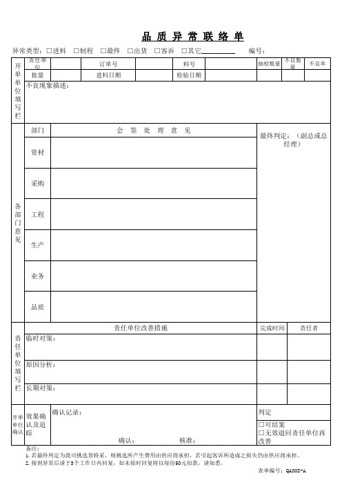 品质异常联络单最新样例