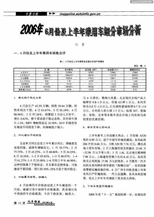 2006年6月份及上半年乘用车细分市场分析