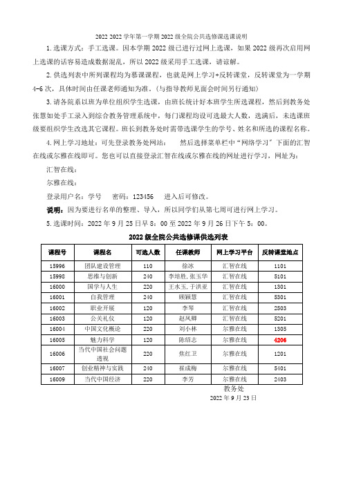 2022-2022学年第一学期2022级全院公共选修课选课说明