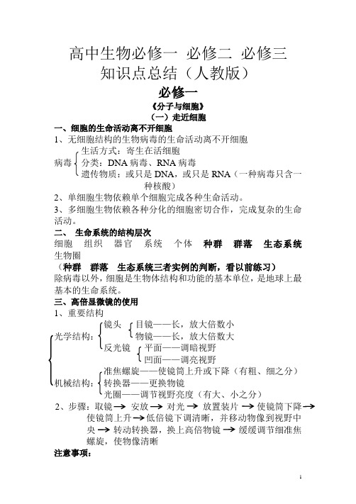 高中生物必修一、必修二、必修三知识点总结(人教版)