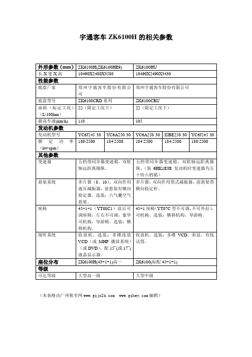 宇通客车ZK6100H的相关参数