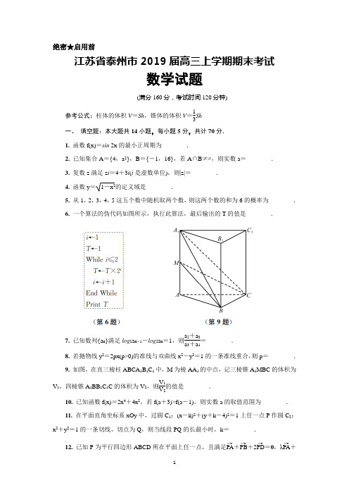 江苏省泰州市2019届高三上学期期末考试数学试题及答案