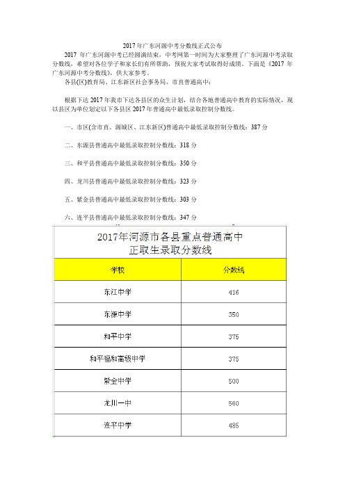 2017年广东河源中考分数线正式公布