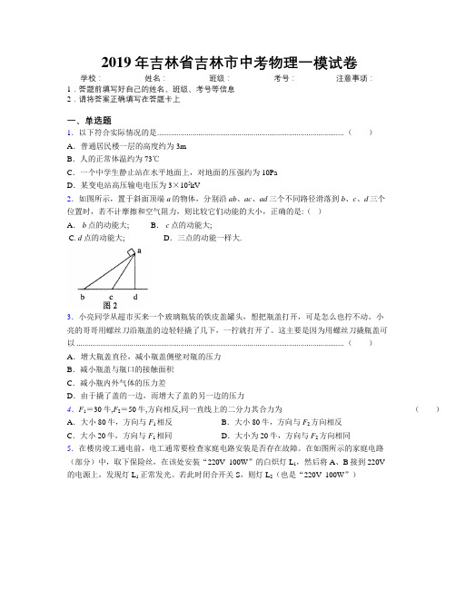 2019年吉林省吉林市中考物理一模试卷附答案