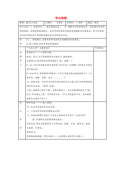 乾安县XX小学六年级语文上册 第八单元 28 空山鸟语教案 湘教版六年级语文上册第八单元2