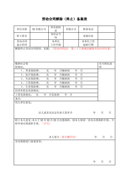 劳动合同解除(终止)备案表