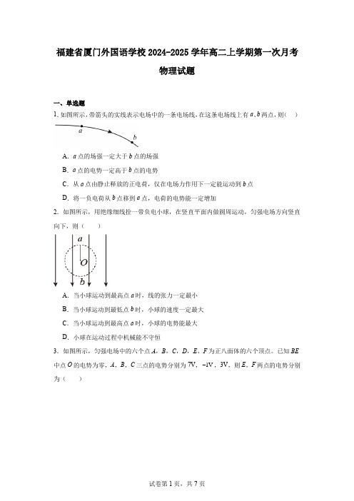 福建省厦门外国语学校2024-2025学年高二上学期第一次月考物理试题