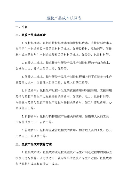 塑胶产品成本核算表