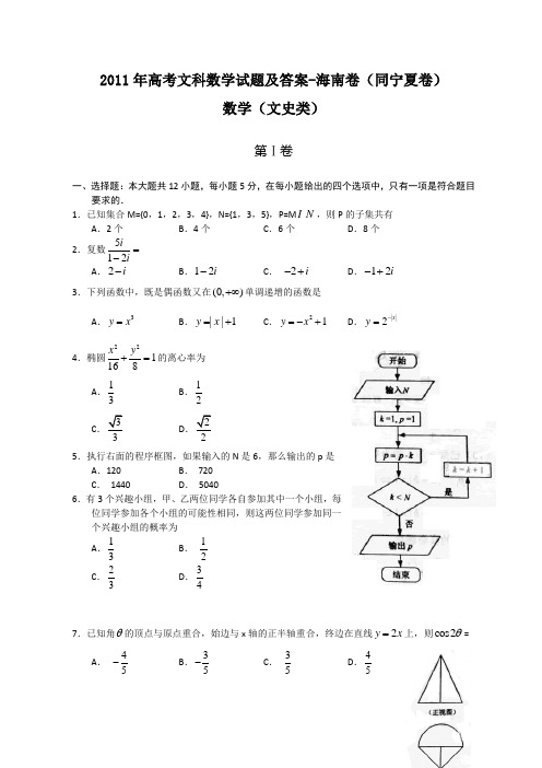 2011年海南(宁夏)高考文科数学试题及答案