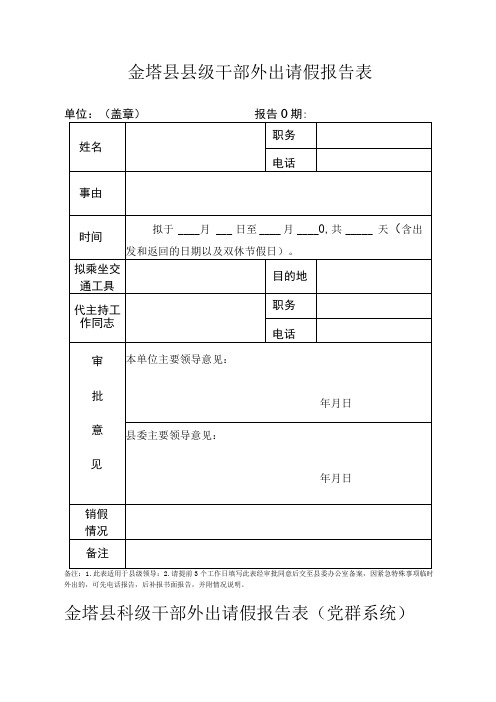 金塔县县级干部外出请假报告表