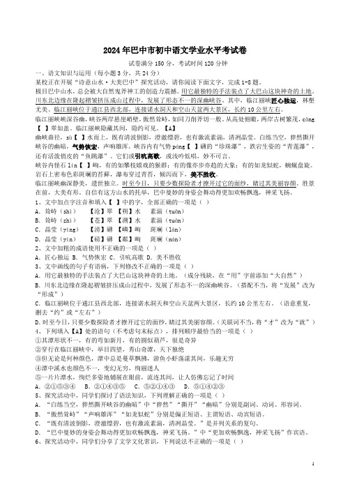 2024年巴中市初中语文学业水平考试卷附答案解析