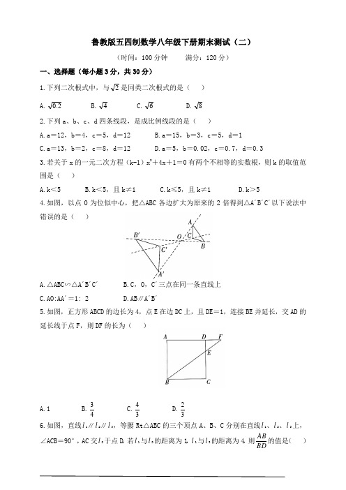 鲁教版五四制数学八年级下册期末测试(二)(含答案)