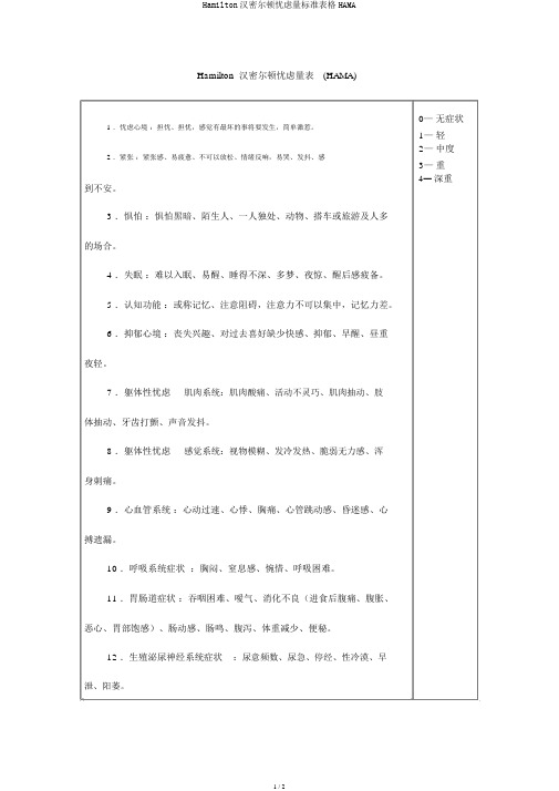 Hamilton汉密尔顿焦虑量标准表格HAMA