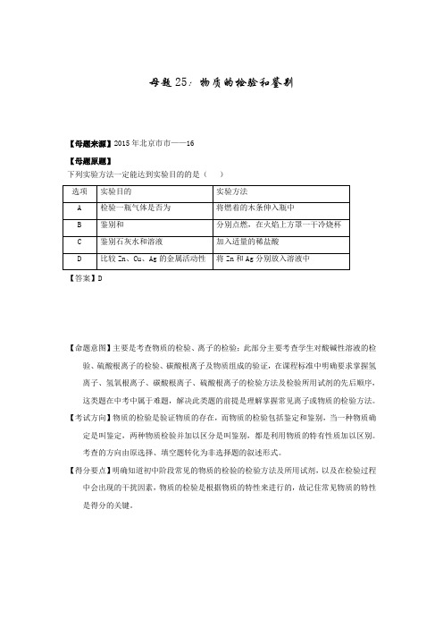 专题25物质的检验和鉴别中考化学母题题源系列(解析版)
