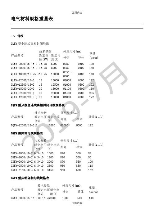 电气材料规格重量表