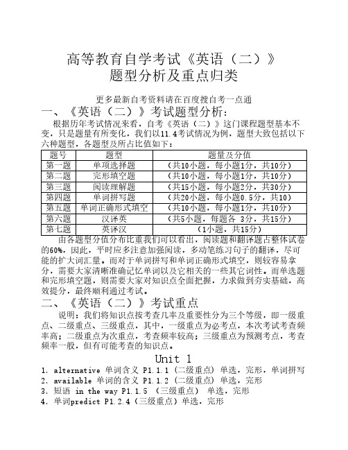 自考00015《英语(二)》题型分析    和考试重点