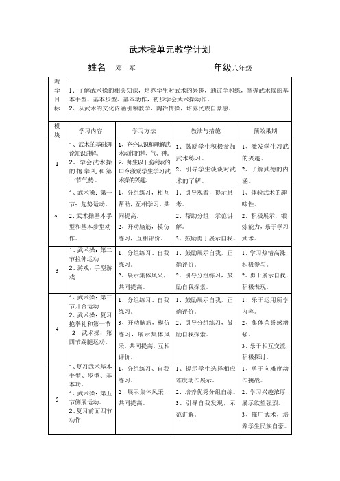 武术操单元教学计划