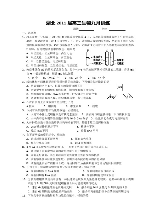 2011届高考生物第一轮复习九月训练题
