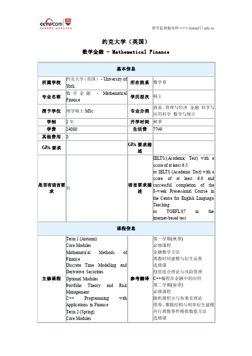 约克大学(英国)数学金融硕士