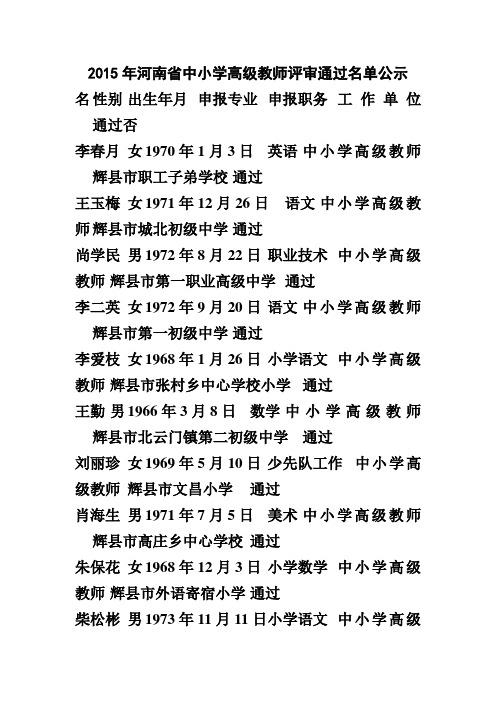 2015年河南省中小学高级教师评审通过名单公示封丘县第一中学 付亚菲 通过