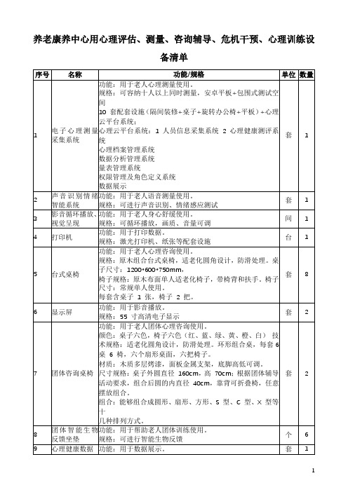 养老康养中心用心理评估、测量、咨询辅导、危机干预、心理训练设备清单