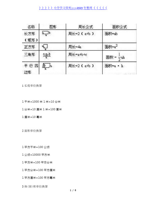 小学数学最常用的单位换算表