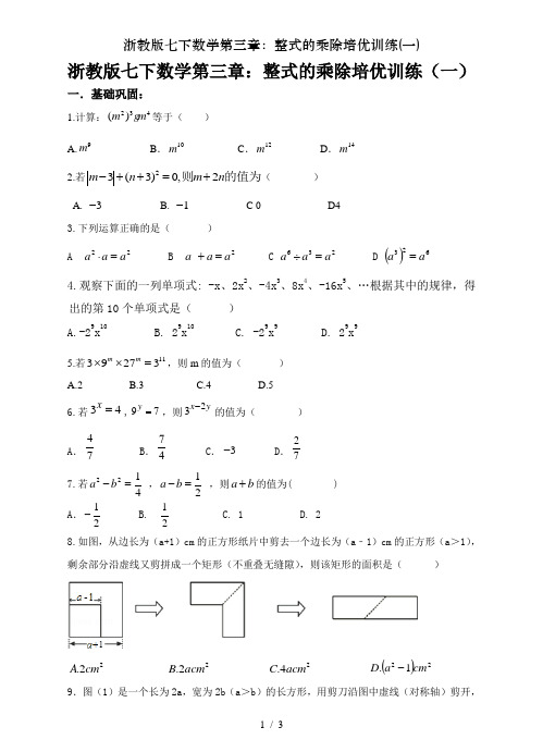 浙教版七下数学第三章：整式的乘除培优训练(一)