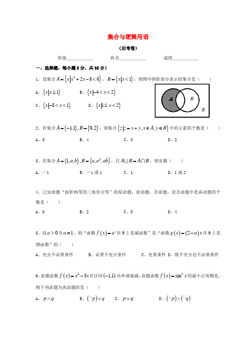 【教育资料精选】2019年高考数学总复习4集合与逻辑用语后考卷(1)