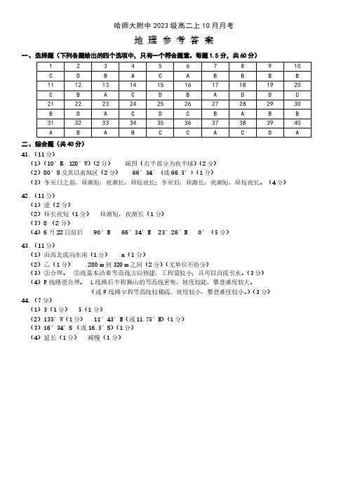 黑龙江省哈尔滨市师大附中2023级高二上学期10月阶段性考试地理答案