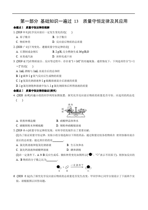 【冲刺2021化学中考一轮复习】第一部分 基础知识一遍过 13 质量守恒定律及其应用(含答案)