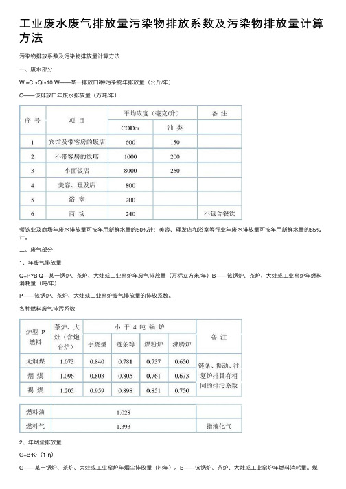 工业废水废气排放量污染物排放系数及污染物排放量计算方法