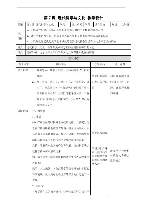 人教部编版九年级历史下册第7课《近代科学与文化》精品教案