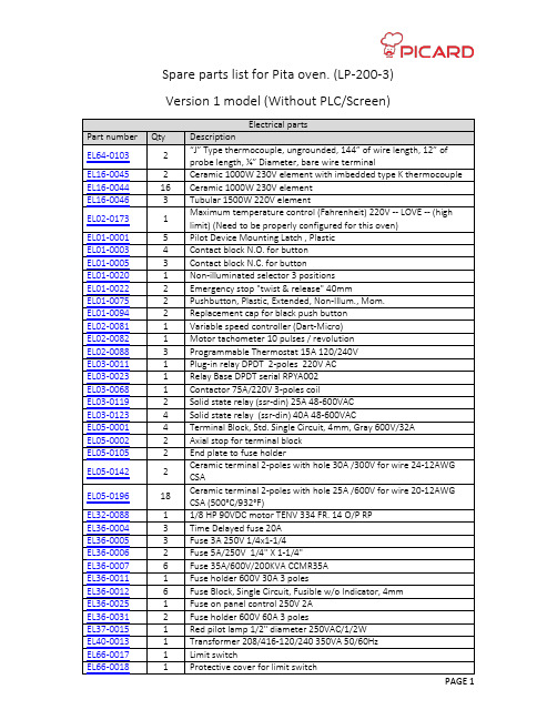 LP-200-3 Pita Oven 零件清单说明书