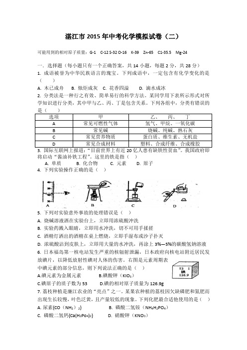 广东省湛江市2015年中考模拟(二)化学试卷及答案