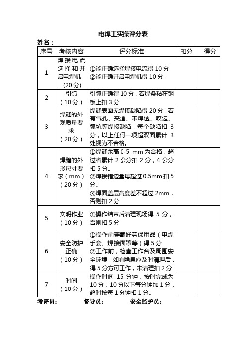 电焊工实操评分表