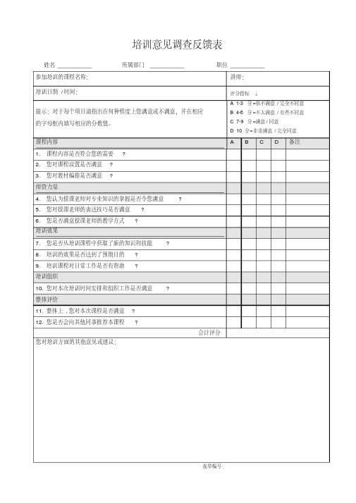 培训意见调查反馈表