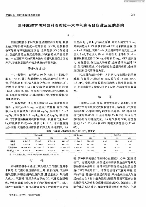 三种麻醉方法对妇科腹腔镜手术中气腹所致应激反应的影响