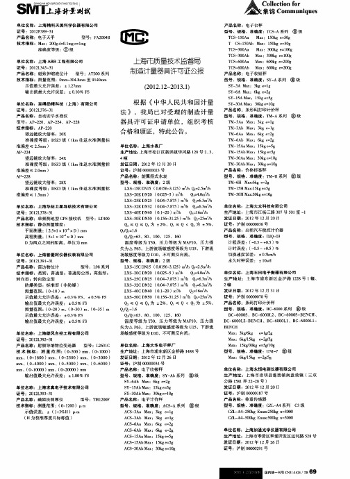 上海市质量技术监督局制造计量器具许可证公报