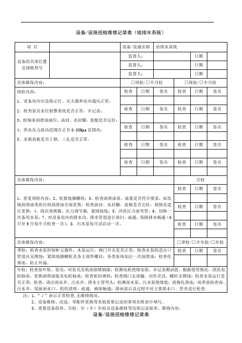 《设施设备巡检维修记录表》给排水