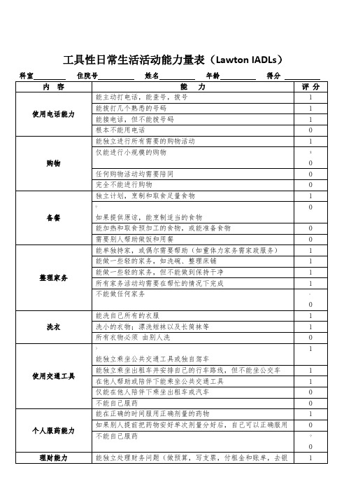 工具性日常生活活动能力量表(Lawton-IADLs)