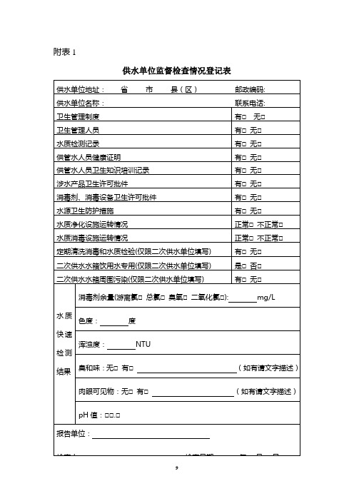 附表1 供水单位监督检查情况登记表 供水单位地址： 省 市 县(区) 邮政 ...