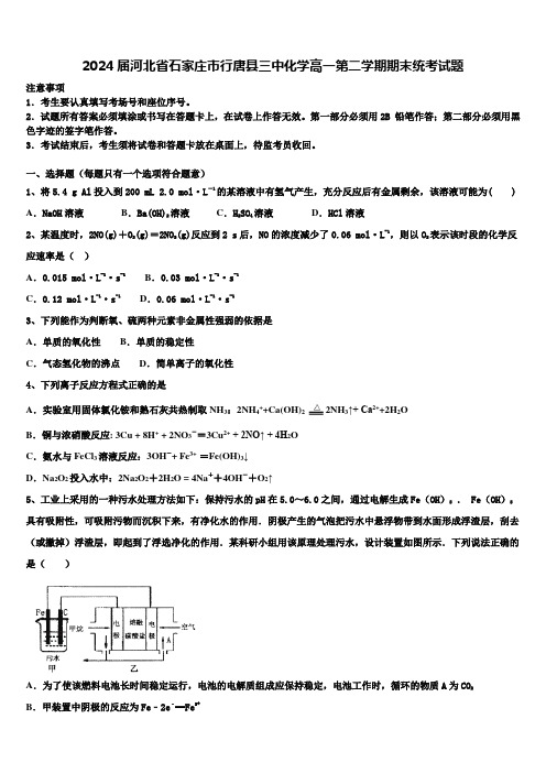 2024届河北省石家庄市行唐县三中化学高一第二学期期末统考试题含解析