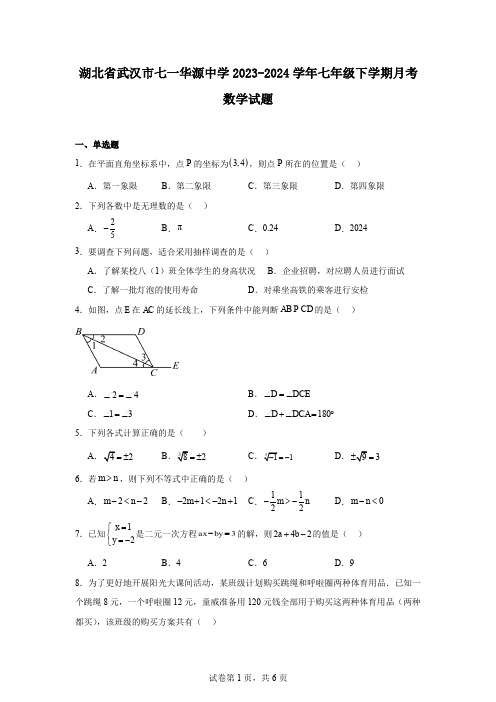 湖北省武汉市七一华源中学2023-2024学年七年级下学期月考数学试题